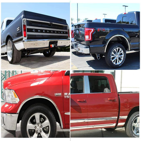 Automotive chrome trim molding, 16ft, 1in wide, self-adhesive, shown on four trucks/SUVs.