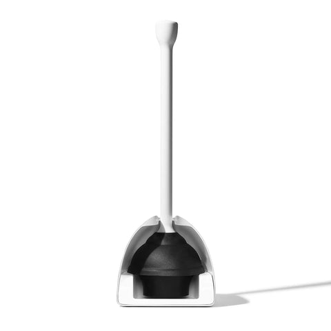 Hassle Free Toilet Plunger With Drip Proof Cover For Zero Mess And Easy Under Sink Storage Features A Wide Flat Handle Delivers Serious Power To Blast Stubborn Clogs Built For Daily Use in white and black, stored in holder.