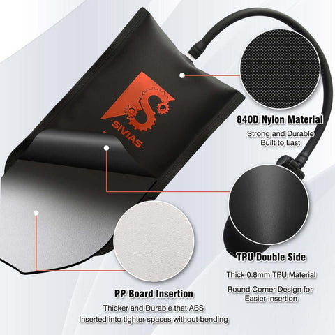 Heavy Duty Air Wedge Shim Kit With Three Sizes, Inflatable Air Bag Wedge Tools for Vehicle Lifting, showing nylon and TPU materials.