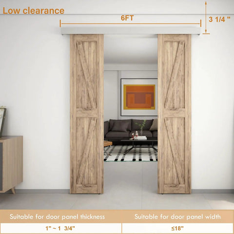 6Ft Double Sliding Barn Door Hardware With Heavy Duty Aluminum Track And Rustproof Silver Finish featuring two wooden doors in a modern living space.