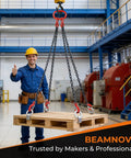 Front view of BEAMNOVA four-leg lifting chain sling with hooks, black chains and red hardware lifting a wooden pallet