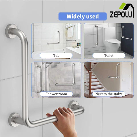 Brushed Nickel L Shaped Grab Bar 16 Inch Rock Solid Wall Mount Safety Handle Heavy Duty Rustproof Stainless Steel Assist Rail for bathroom and shower setup, shown in multiple uses.