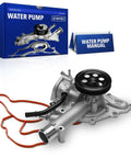 Top Shelf Engine Water Pump For Ram 1500 And Jeep Wagoneer 5.7L, silver metal construction with gasket and instructions.