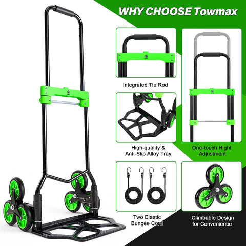 Stair Climbing Dolly With Six Wheels For Heavy Duty Loads 2 In 1 Hand Truck Cart With Elastic Cords To Secure Loads And Flat Ground 440lb Lift Capacity 220lb Climb Capacity Plus Folding Design Non Slip Wheels For Easy Storage, green frame