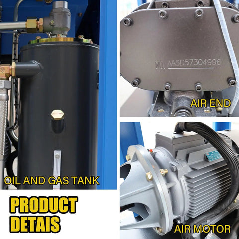Beast Heavy Duty 40HP 30KW Rotary Screw Air Compressor With Refrigerated Dryer VSD Drive 185 CFM At 125 PSI 220V 3 Phase Industrial Air System All In One For Clean Dry Air On Tough Jobs product details: oil tank, air end, air motor