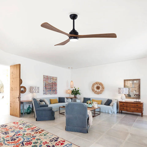 Neojoyoenix 62" 3PCS Solid Wood Blades Ceiling Fan with Lights Remote Control, in black, illuminating a stylish living room.