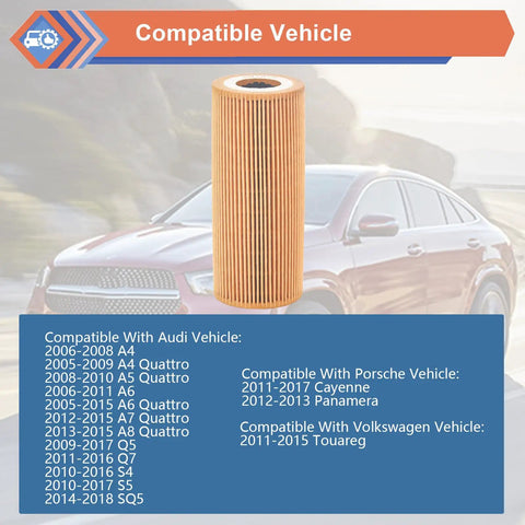 2 Pack Engine Oil Filter For Audi Porsche VW Vehicles 2005 To 2018 compatible models list with car background