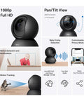 Graphic showing features of 1080P Indoor Pan Tilt Security Camera Plug And Play For Home Surveillance. Displays motion alerts, video, and audio.