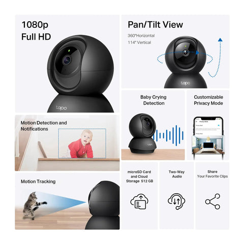 Graphic showing features of 1080P Indoor Pan Tilt Security Camera Plug And Play For Home Surveillance. Displays motion alerts, video, and audio.