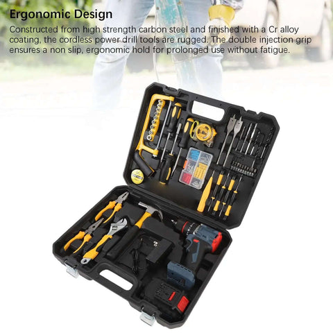 Heavy Duty Cordless Drill Set With 25 Adjustable Torque Settings And 1500 Rpm Lithium Battery tools organized in a rugged black case.