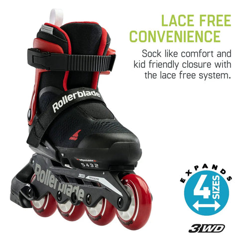 Microblade Free 3WD Kids Adjustable Inline Skates With Lace Free Closure And 4 Size Range In Black And Red For High Performance Skating, Easy On And Off, Kid Friendly Fit And Smooth Control