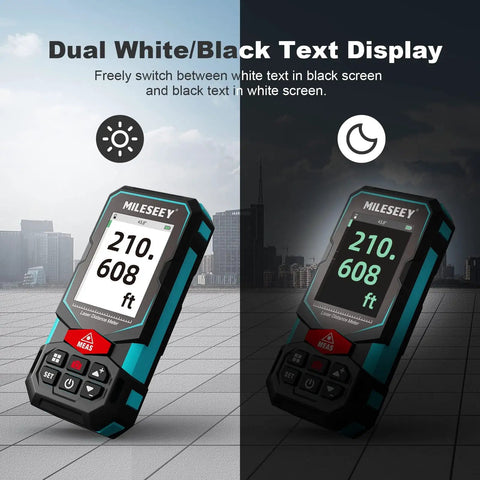 Laser Measure Tool With 165 Feet Range, Dual Bubble Levels, showing dual white and black text display modes on LCD screen