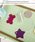Pro Grade Premium Carbide Engraving Tool and Tip for Cricut Joy and Joy Xtra with engraving examples on various materials.