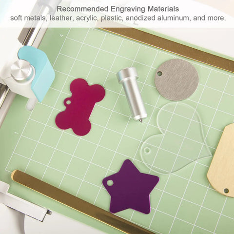 Pro Grade Premium Carbide Engraving Tool and Tip for Cricut Joy and Joy Xtra with engraving examples on various materials.
