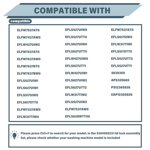 List of compatible washer models for Replacement Washer Door Latch Lock Switch Assembly Fixes Stubborn Doors No Sweat Swap Runs Like A Champ Easy Install For 5304505231 Models Keeps Laundry Day Smooth As Butter.