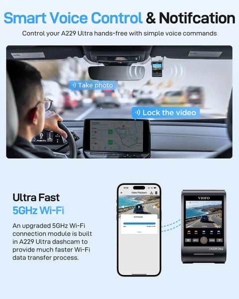 A229 Ultra Dual 4K Dash Cam Front And Rear With 2 Channel 4K HDR, STARVIS 2 IMX678 Sensors showing voice control and WiFi features