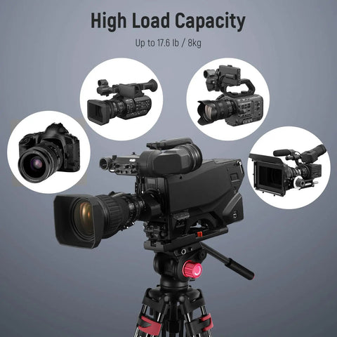 Beefy Heavy Duty Aluminum Video Tripod with 360 Degree Fluid Drag Head holding camcorder on telescoping mount.
