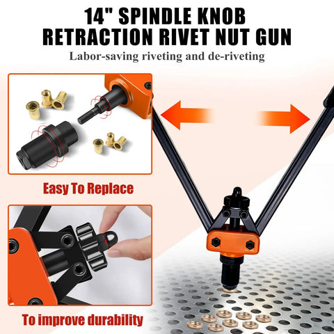 Top Shelf 14 Inch Heavy Duty Rivet Nut Tool With Easy Change Mandrels And Nose Pieces in orange and black, for sheet metal fastening