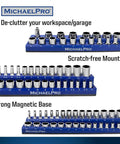 Magnetic Socket Organizer Tray Set For Metric Sockets Three Piece One Quarter Inch Drive Three Eighths Inch Drive And One Half Inch Drive High Capacity Holds Up To Seventy Five Sockets Keeps Your Toolbox Ready And Cabinets Sorted in blue with sockets