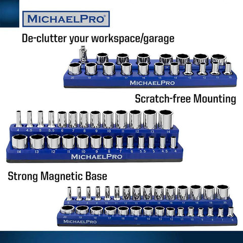 Magnetic Socket Organizer Tray Set For Metric Sockets Three Piece One Quarter Inch Drive Three Eighths Inch Drive And One Half Inch Drive High Capacity Holds Up To Seventy Five Sockets Keeps Your Toolbox Ready And Cabinets Sorted in blue with sockets