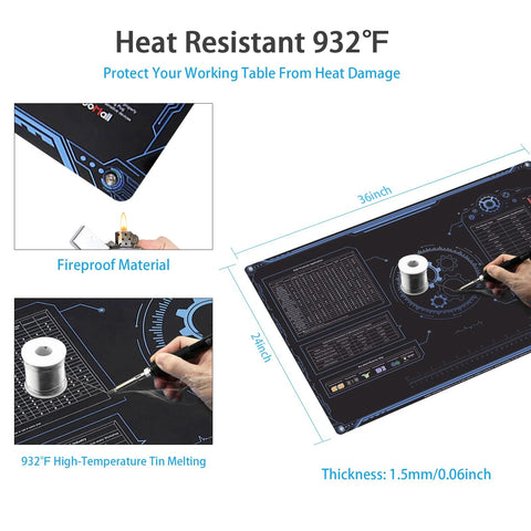 ESD rubber mat kit for electronics repair, 36x24 inch, heat resistant, grounding features, antistatic, soldering workspace.