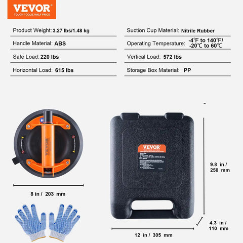 Heavy Duty Glass Vacuum Suction Cup 8 Inch Lifter with ABS handle and carry box, 615 lb load capacity, shown with gloves