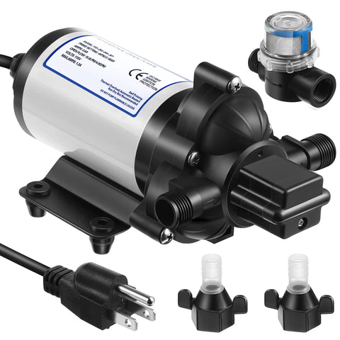 Self Priming 115V Water Pump 4 GPM 45 PSI Diaphragm Booster with fittings, strainer, filter, and power plug