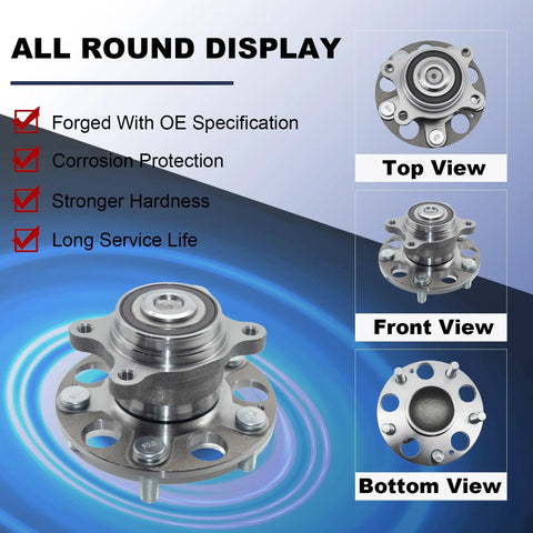 Rear Wheel Bearing Hub Assembly For Honda Civic 2006-2011 And Acura CSX 2006-2011 Beefed Up Rear Left Or Right 5 Lug Bolt On Replacement 512256 Compatible With 42200SNAA51 42200SNAA52 BR930340, shown in top, front, and bottom views.
