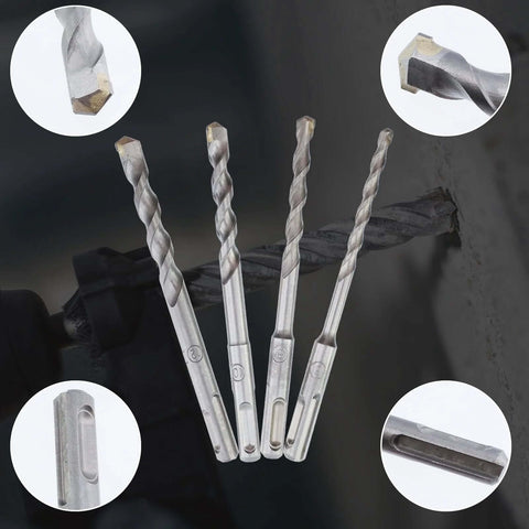Front view of 4-piece SDS‑Plus masonry drill bit set (6, 8, 10, 12 mm) in steel