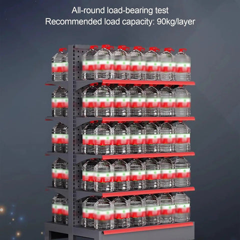 Heavy Duty Premium Industrial Steel Shelving Rack With Adjustable Levels For Garage Workshop Or Home Organization Rust Proof White Frame storing water bottles.