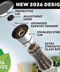 Refillable Stainless Steel Salt And Pepper Grinder Set Of 2 With Adjustable Coarse Mills Easy Clean Ceramic Grinders exploded view