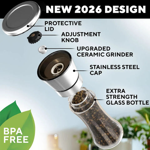 Refillable Stainless Steel Salt And Pepper Grinder Set Of 2 With Adjustable Coarse Mills Easy Clean Ceramic Grinders exploded view