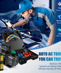 Front view of PB Motor TECH auto AC vacuum pump with 3-way manifold gauge kit in an open case with colored hoses