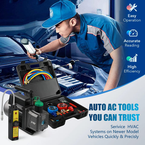 Front view of PB Motor TECH auto AC vacuum pump with 3-way manifold gauge kit in an open case with colored hoses