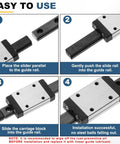 Diagram showing installation steps for MGN7 200mm Linear Sliding Rail Guide With MGN7C Carriage Block For 3D Printers