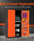Heavy Duty Storage Cabinet With Built In Tool Drawer And Adjustable Shelves, Built To Last Reinforced Steel Construction For Tough Workshops, Keeps Screws Bits Tape Measures And Small Hardware Organized And Ready For Grab And Go Use. Orange steel tool cabinet with pegboard door and shelves