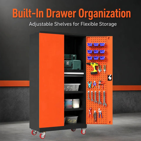 Heavy Duty Storage Cabinet With Built In Tool Drawer And Adjustable Shelves, Built To Last Reinforced Steel Construction For Tough Workshops, Keeps Screws Bits Tape Measures And Small Hardware Organized And Ready For Grab And Go Use. Orange steel tool cabinet with pegboard door and shelves