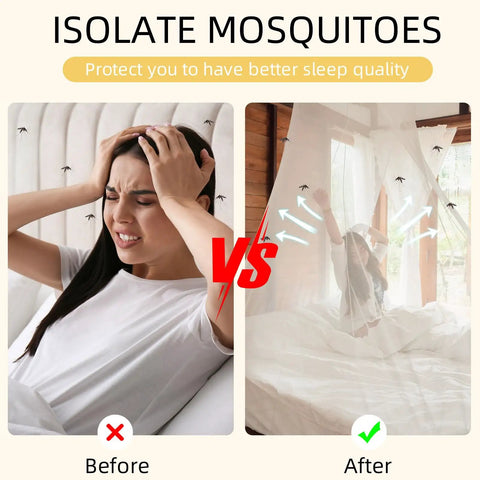 Comparison of mosquito exposure with and without 4 Corner Mosquito Net Bed Canopy With 1 Or 4 Openings For Camping, Travel Or Home Use