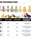 Size chart showing dimensions for reusable bird diaper flight suit with adjustable straps for cockatiels, parrots, and macaws.