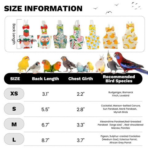 Size chart showing dimensions for reusable bird diaper flight suit with adjustable straps for cockatiels, parrots, and macaws.