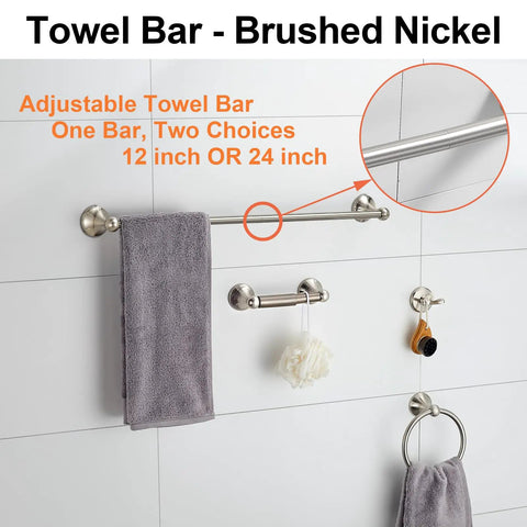 Brushed Nickel Adjustable Towel Bar 24 Inch Expandable 4 Piece Bathroom Hardware Set Wall Mounted With Towel Ring Toilet Paper Holder And Robe Hook Plus No Fuss Wall Mount Kit with focus on towel bar expansion options.