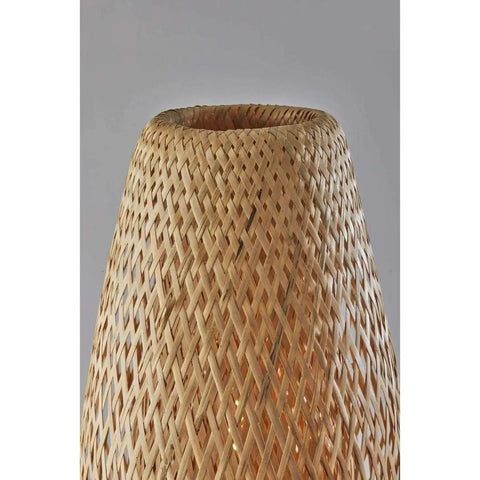 Hugo Table Lantern With Natural Bamboo Shade And Black Metal Finish, close-up of open-weave bamboo texture.