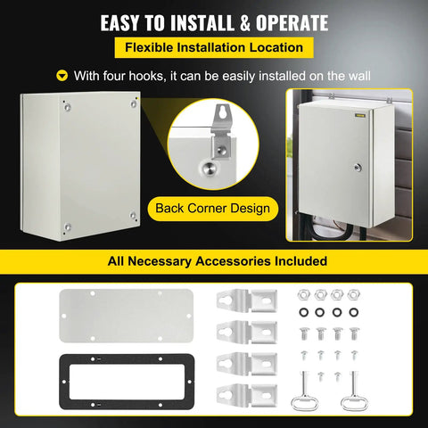 Rugged Outdoor Electrical Enclosure Box 16x12x6 Inches Carbon Steel With Hinged Cover IP66 Waterproof and Dustproof Junction Box Includes Mounting Plate for Weatherproof Industrial and DIY Projects wall-mounted with accessories