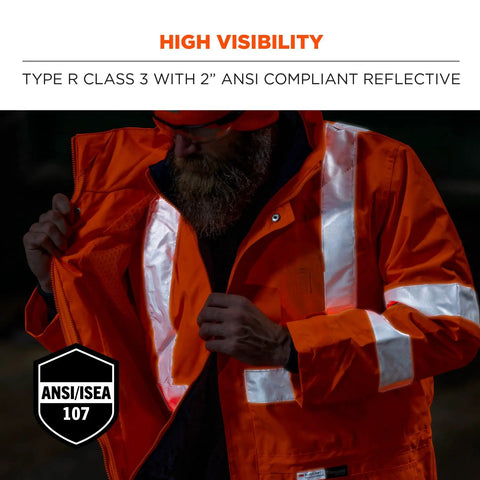 Person wearing GloWear 8385 ANSI High Visibility 4-in-1 Reflective Safety Jacket With Removable Sleeves Storm Front YKK Zipper