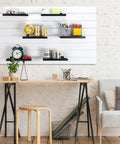 12 Pack Slatwall Shelves 10 By 4.3 Inch Metal Slat Wall Shelf Accessories Heavy Duty Retail Display Panels For Home Organization Boutique Storage And Shoe Store Display installed on a wall with small items