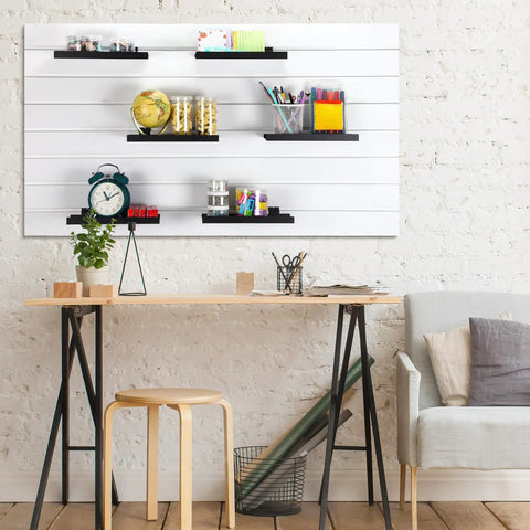 12 Pack Slatwall Shelves 10 By 4.3 Inch Metal Slat Wall Shelf Accessories Heavy Duty Retail Display Panels For Home Organization Boutique Storage And Shoe Store Display installed on a wall with small items