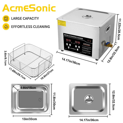Ultrasonic Cleaning Machine 15L Digital Parts Cleaner With Timer 40kHz Pro Grade Stainless Steel 304 dimensions and components
