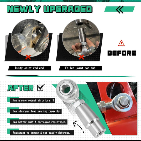 Comparison of Badass 3/8 Inch 24 Thread Chromoly Heim Joint Rod End Kit before and after upgrade, showcasing improved structure.