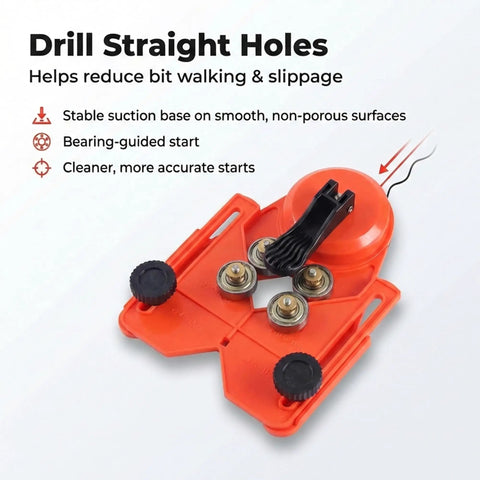Adjustable Diamond Drill Guide with Suction Base for 1/8 to 3-1/4 Inch Hole Saws and Bits in bright red color.
