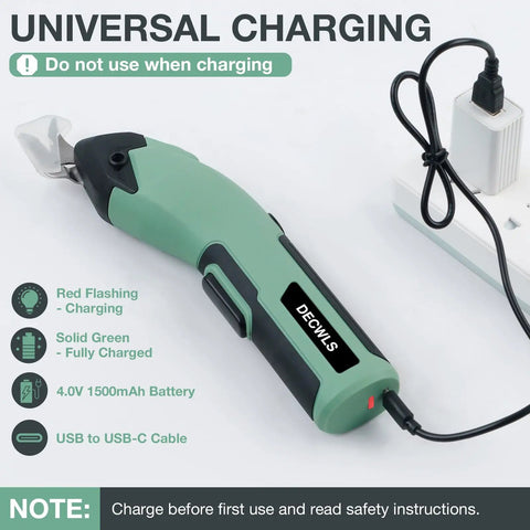 Lightweight Cordless 4V Electric Shears that slice fabric and cardboard like butter charging with USB-C cable.